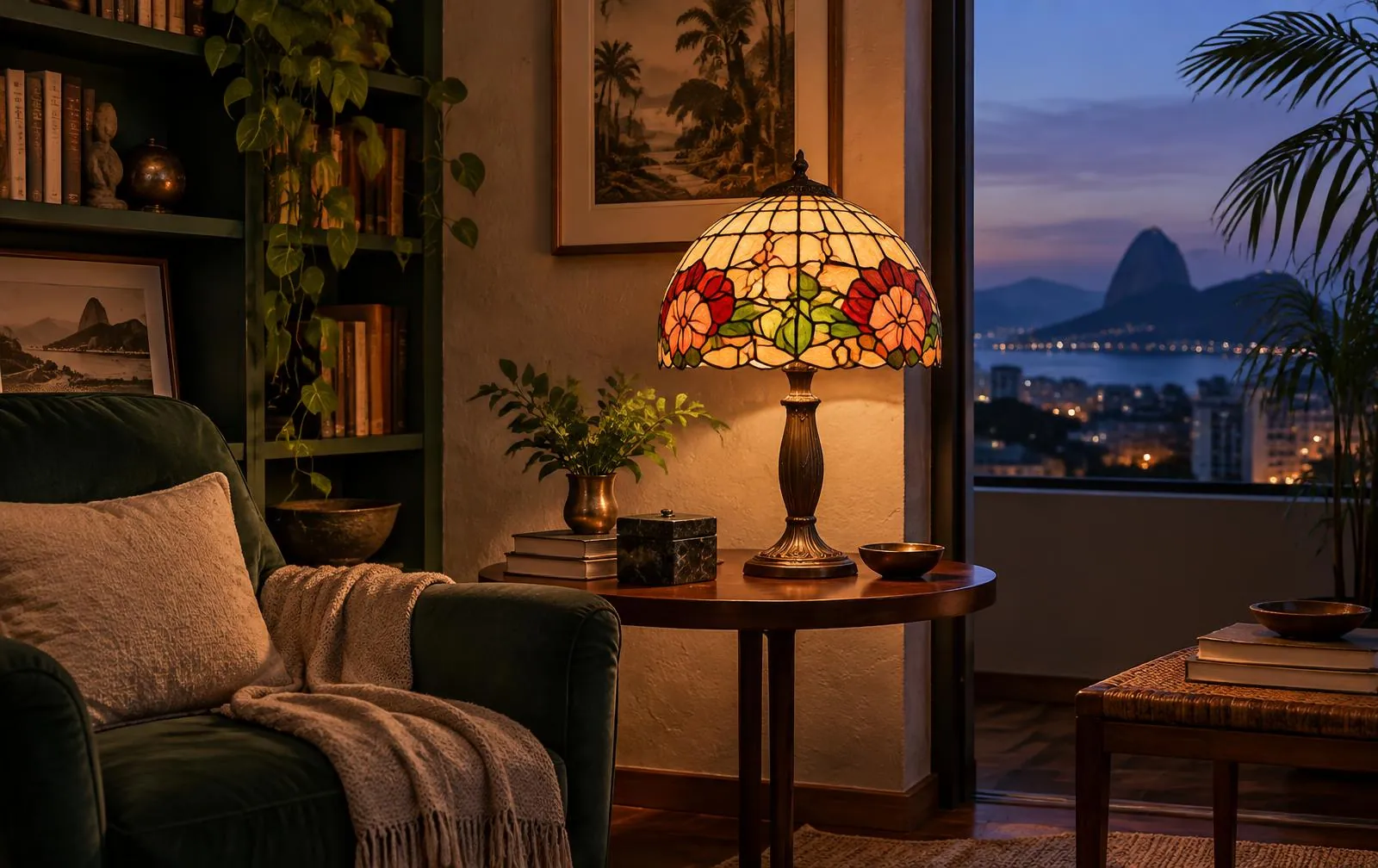 Abajur em vitral aceso em um canto de leitura