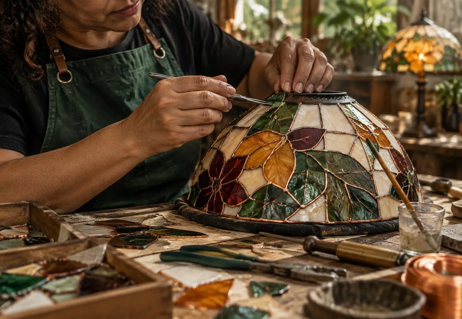 Artesã montando uma cúpula de vitral